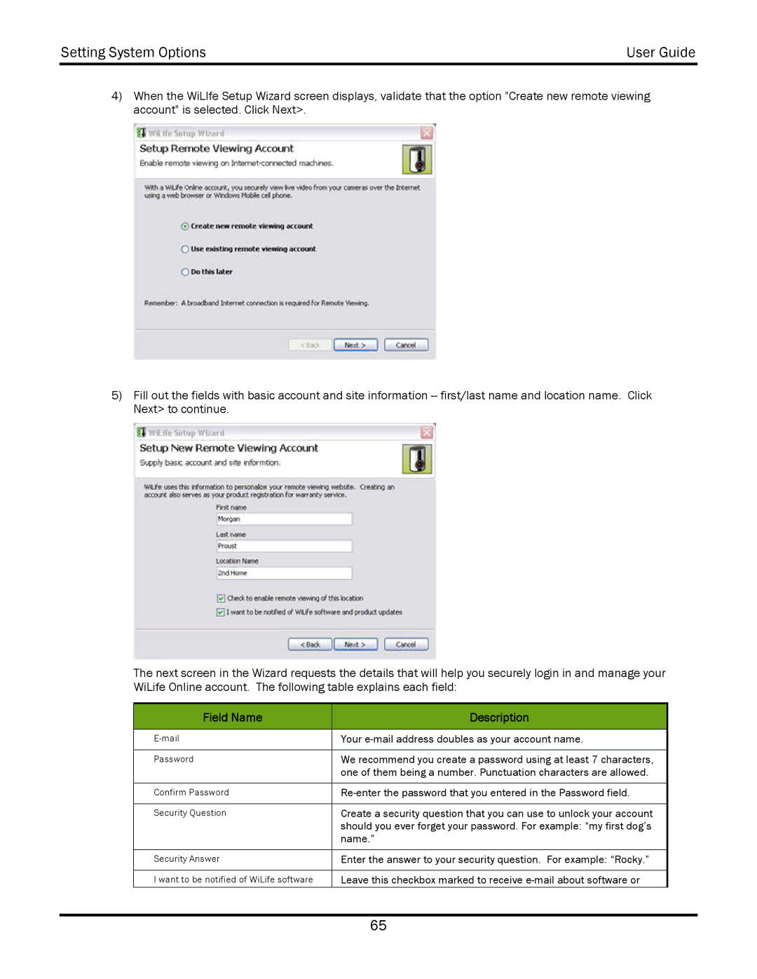 WiLife V2.5 manual Field Name Description 