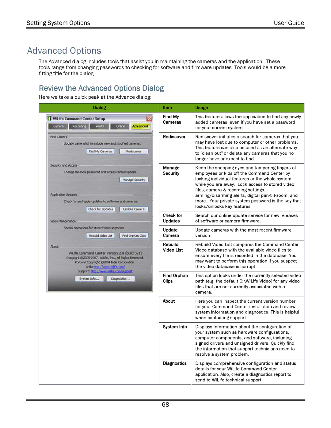 WiLife V2.5 manual Review the Advanced Options Dialog 