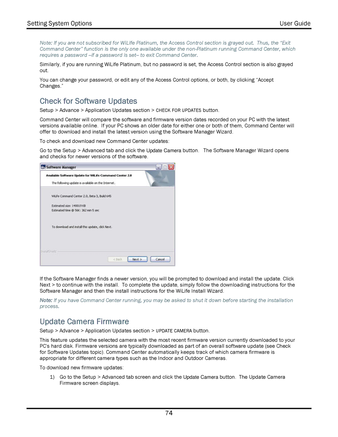 WiLife V2.5 manual Check for Software Updates, Update Camera Firmware 