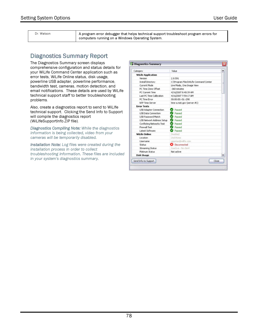 WiLife V2.5 manual Diagnostics Summary Report 