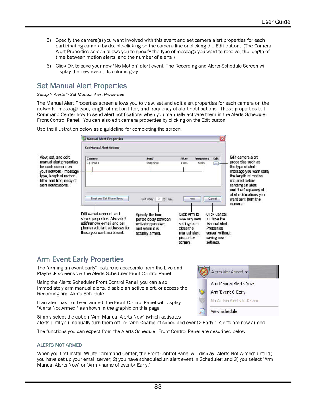 WiLife V2.5 manual Set Manual Alert Properties, Arm Event Early Properties, Alerts not Armed 