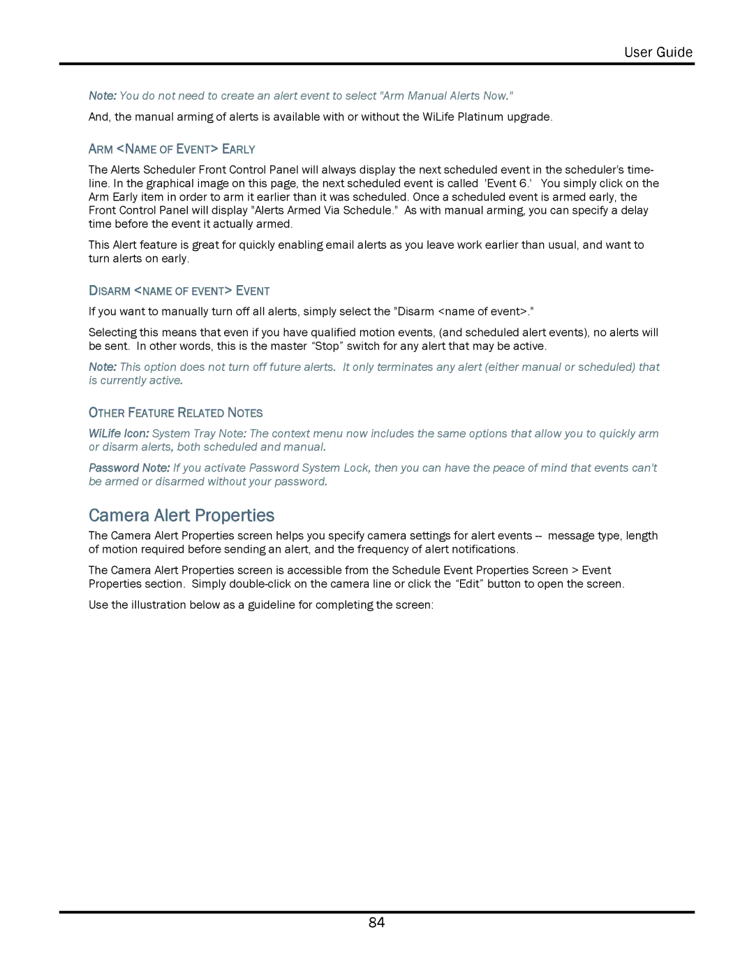WiLife V2.5 Camera Alert Properties, ARM Name of Event Early, Disarm Name of Event Event, Other Feature Related Notes 