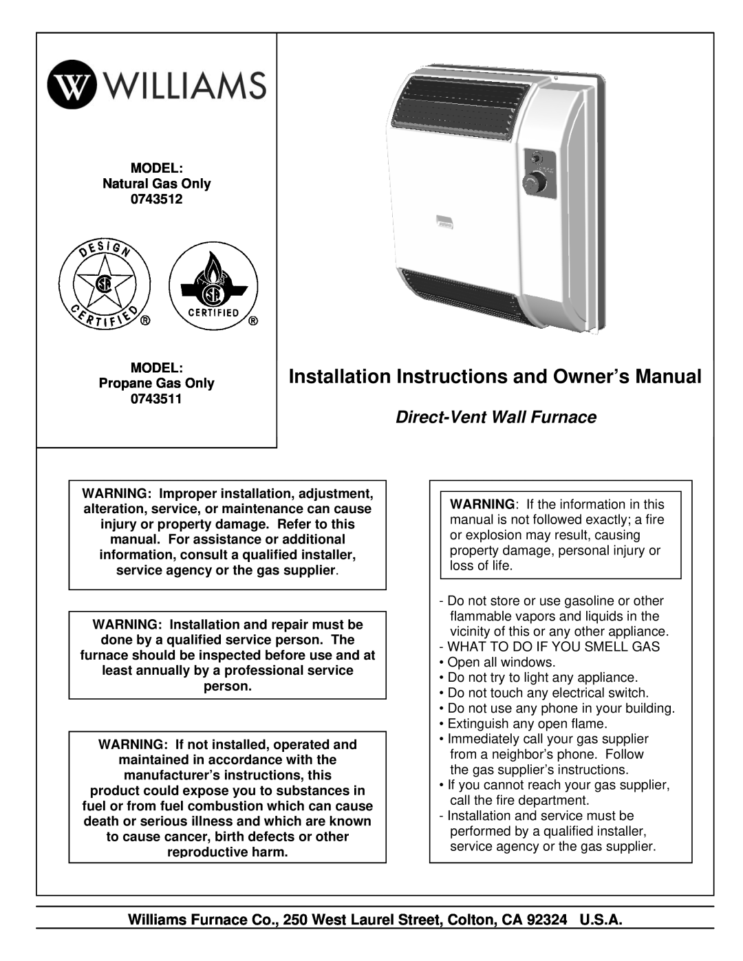 Williams 0743511, 0743512 installation instructions Direct-VentWall Furnace 