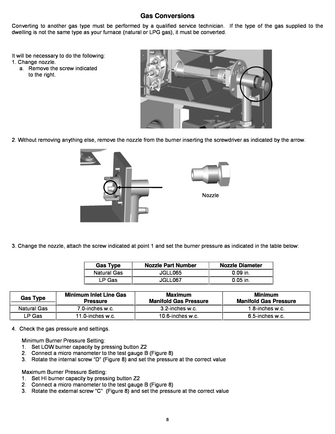 Williams 1773511 Gas Conversions, Gas Type, Nozzle Part Number, Nozzle Diameter, Minimum Inlet Line Gas, Maximum, Pressure 