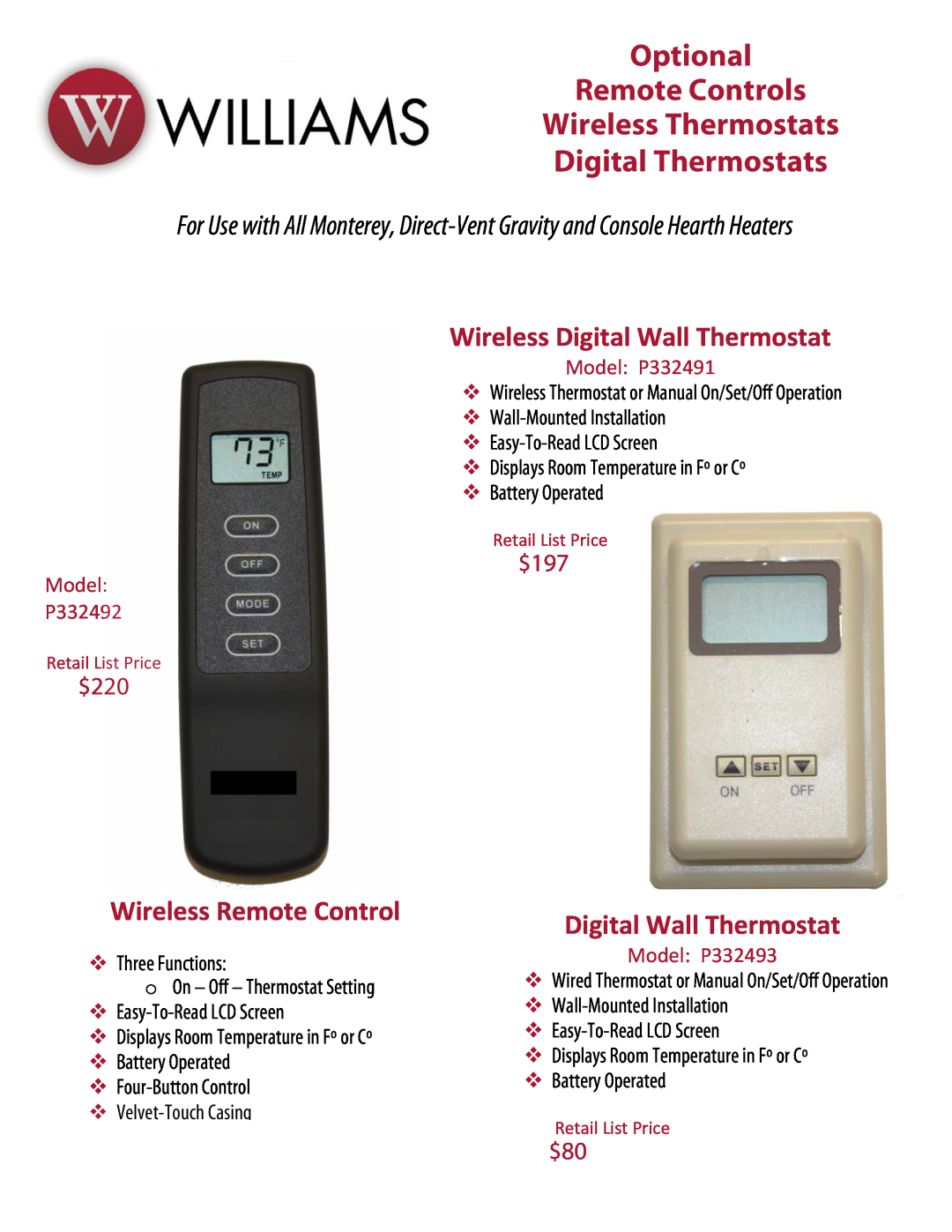 Williams 3003621 Optional Remote Controls Wireless Thermostats, Digital Thermostats, Wireless Digital Wall Thermostat 