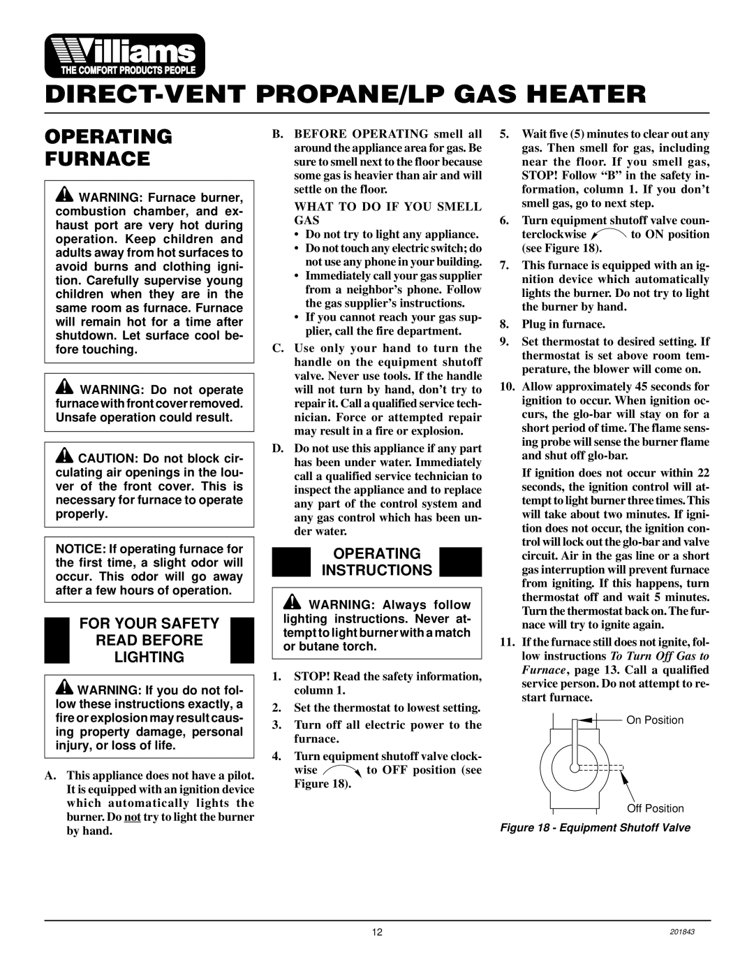 Williams 2503531, 4003531 Operating Furnace, For Your Safety Read Before Lighting, Operating Instructions 