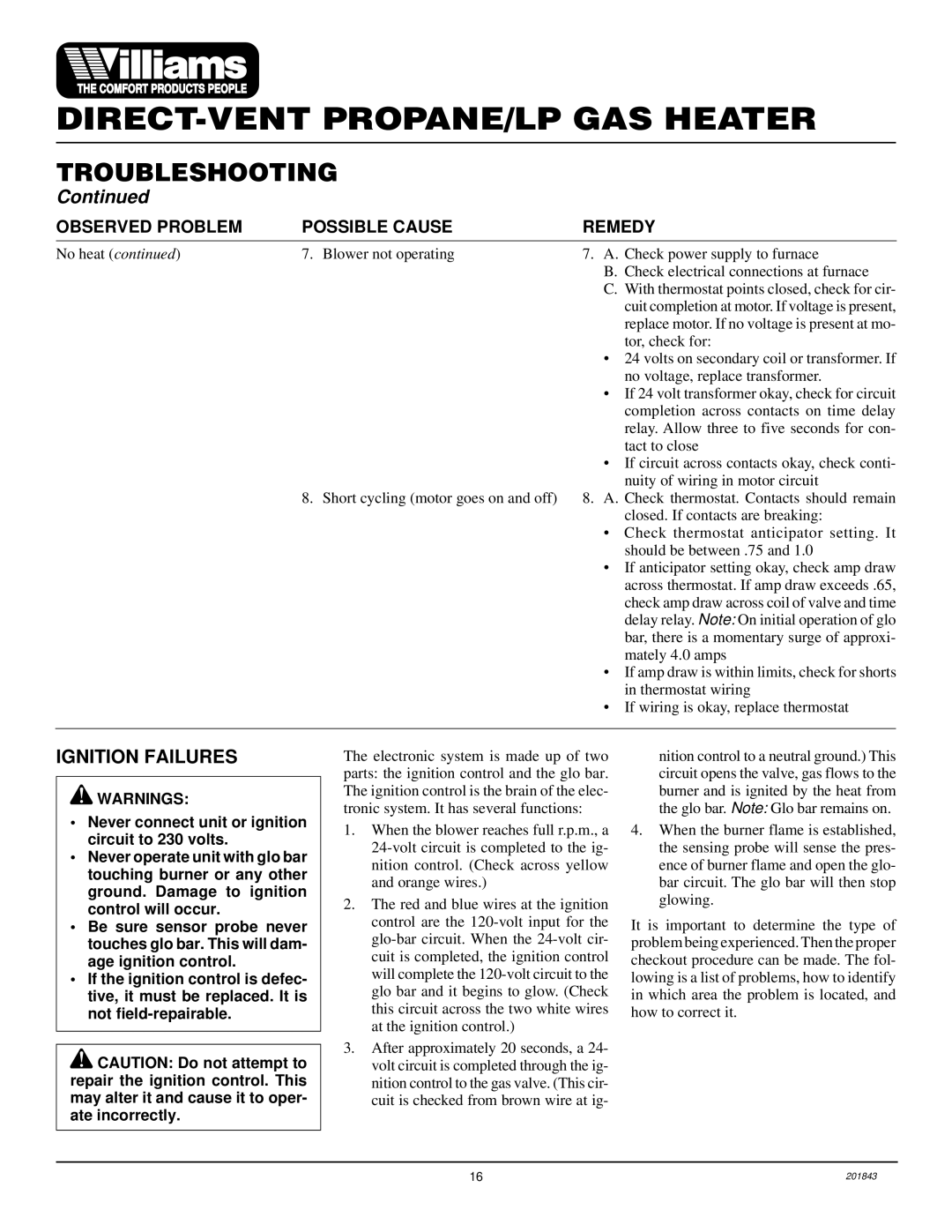 Williams 2503531, 4003531 installation manual Ignition Failures 