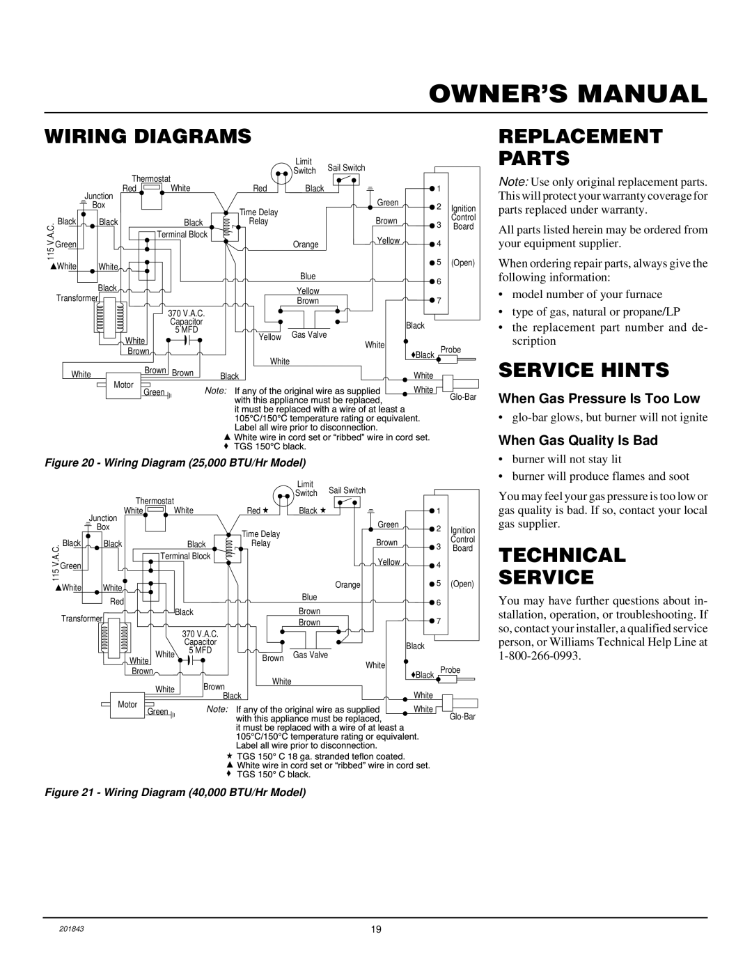 Williams 4003531, 2503531 installation manual Wiring Diagrams Replacement, Parts, Service Hints, Technical Service 