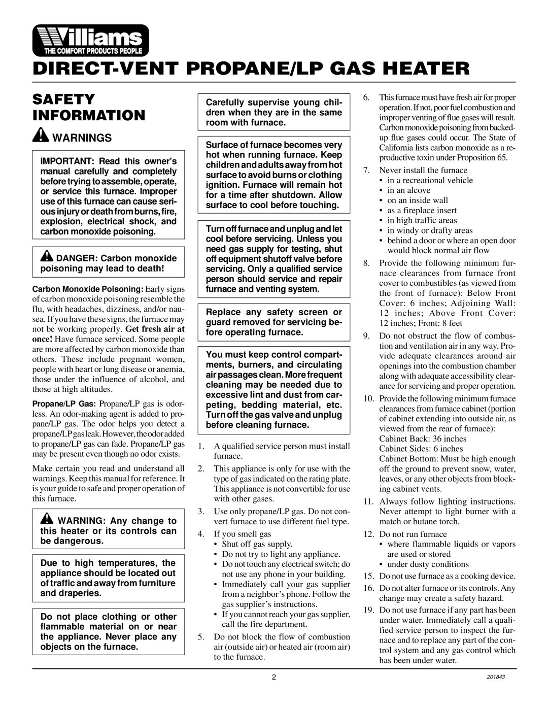 Williams 2503531, 4003531 installation manual Safety Information 