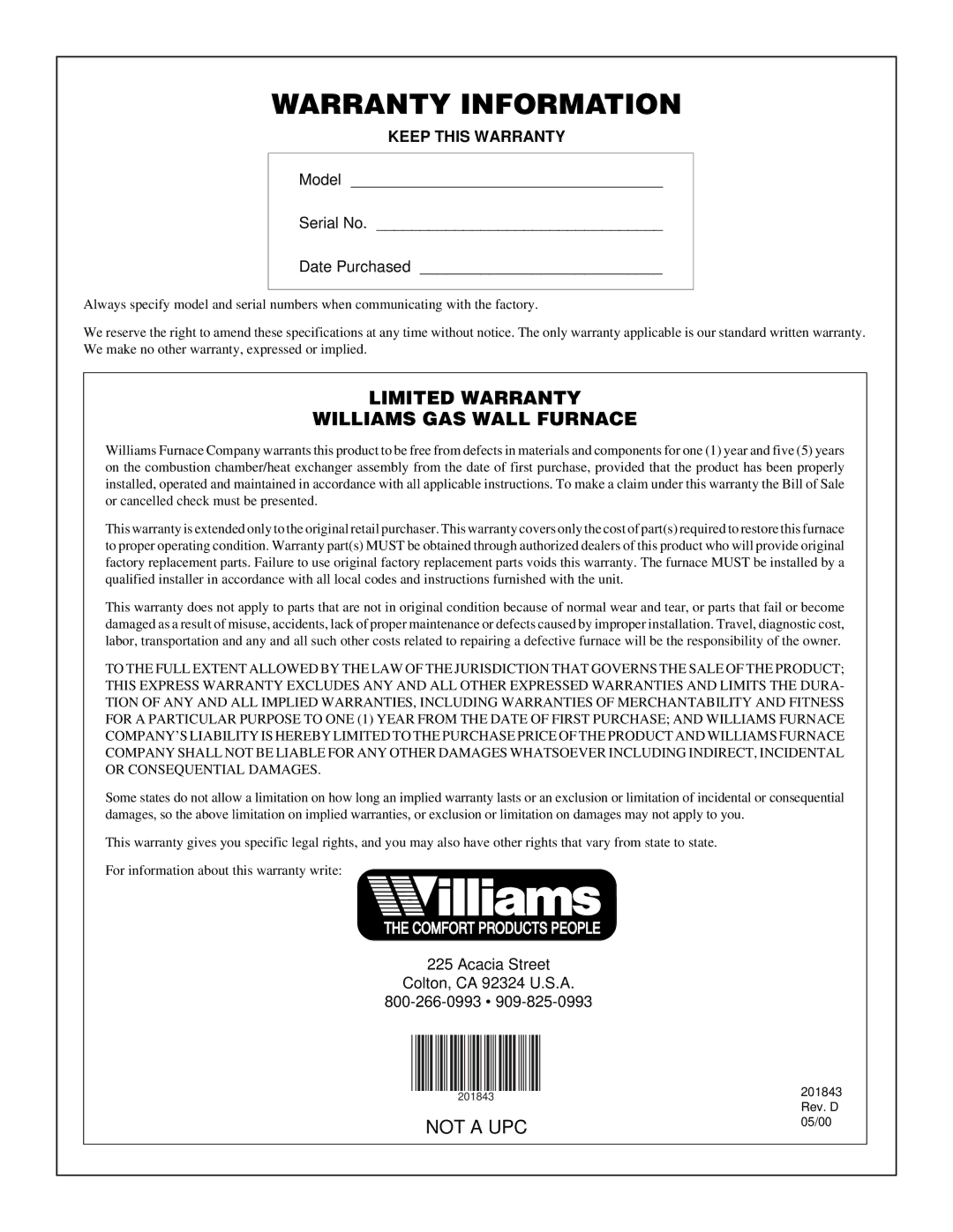 Williams 2503531, 4003531 installation manual Warranty Information, Limited Warranty Williams GAS Wall Furnace 