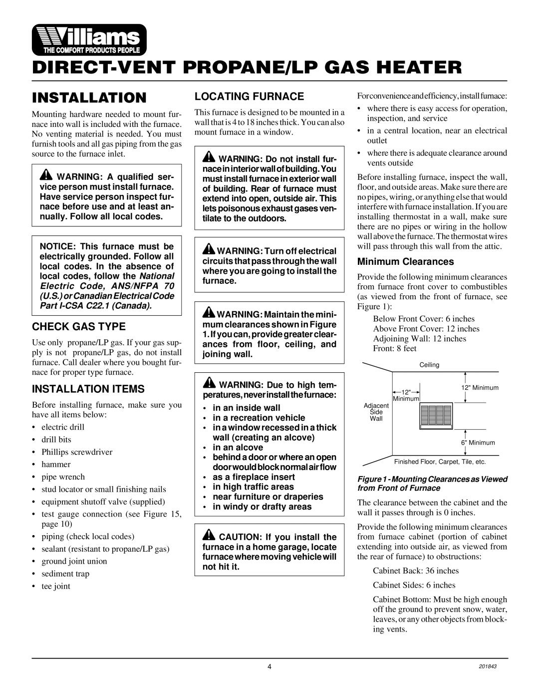 Williams 2503531, 4003531 installation manual Check GAS Type, Installation Items, Locating Furnace, Minimum Clearances 