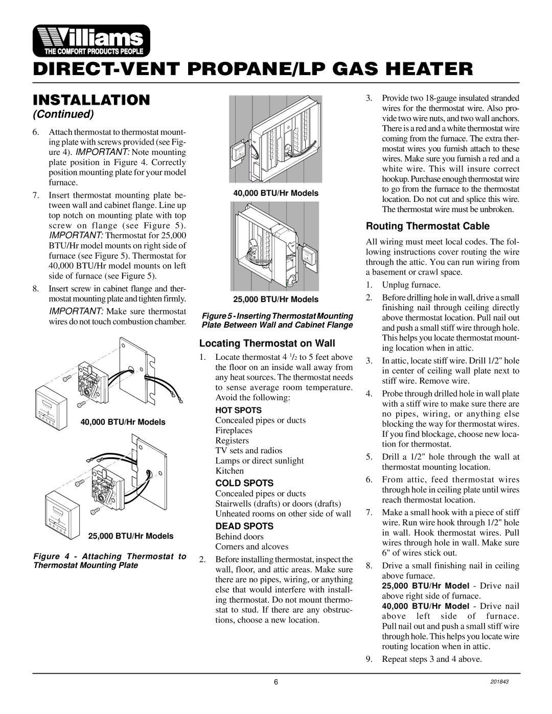 Williams 2503531, 4003531 installation manual Locating Thermostat on Wall, Routing Thermostat Cable 