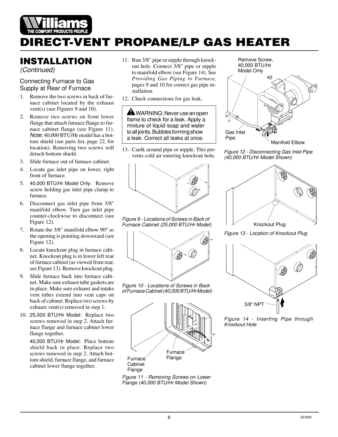 Williams 2503531, 4003531 installation manual Connecting Furnace to Gas Supply at Rear of Furnace 