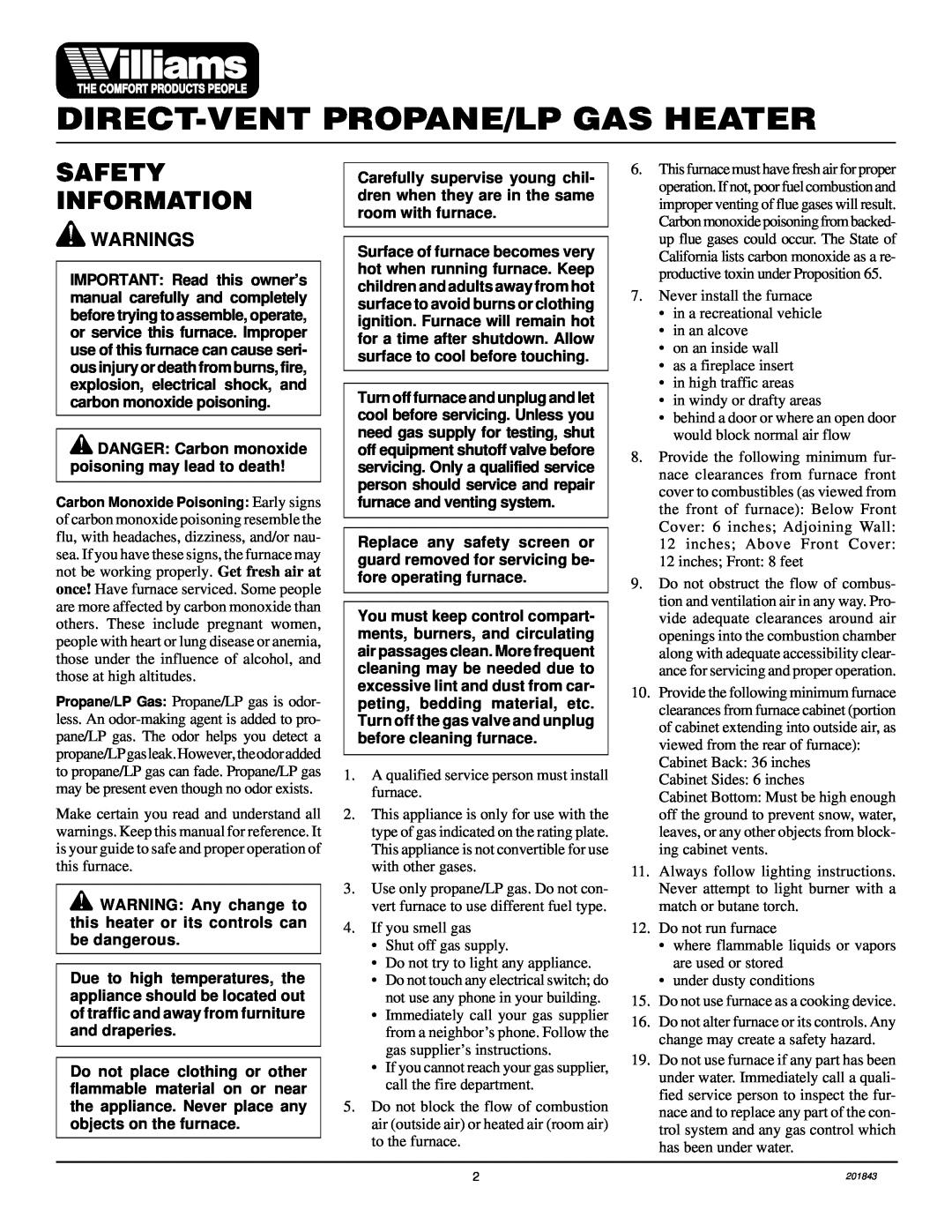 Williams 2503531, 4003531 installation manual Safety Information, Direct-Ventpropane/Lp Gas Heater, Warnings 