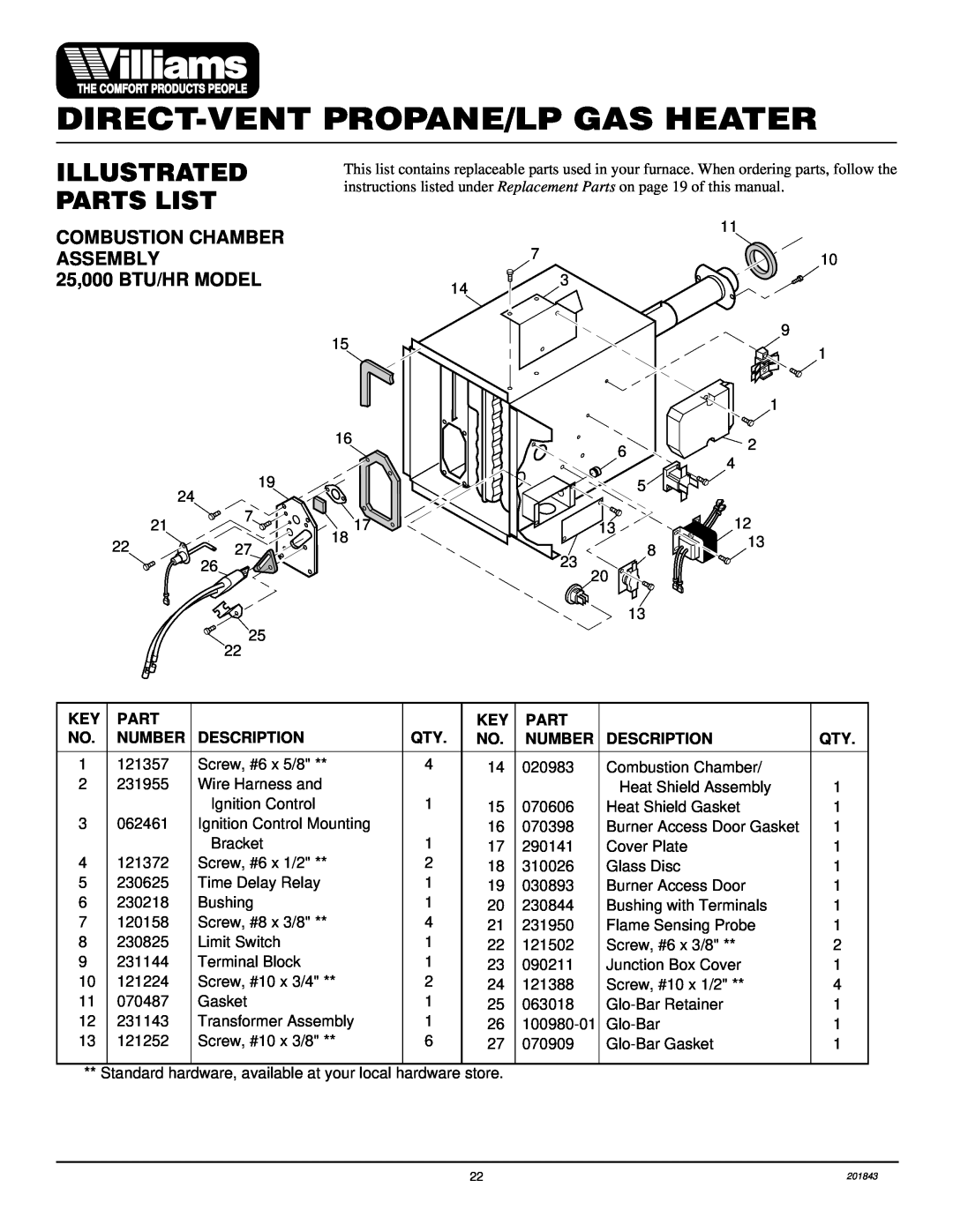 Williams 2503531, 4003531 Direct-Ventpropane/Lp Gas Heater, Illustrated Parts List, Combustion Chamber Assembly 