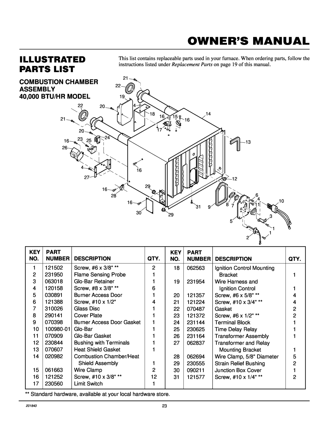 Williams 4003531, 2503531 installation manual Illustrated Parts List, Combustion Chamber, Assembly, 40,000 BTU/HR MODEL 
