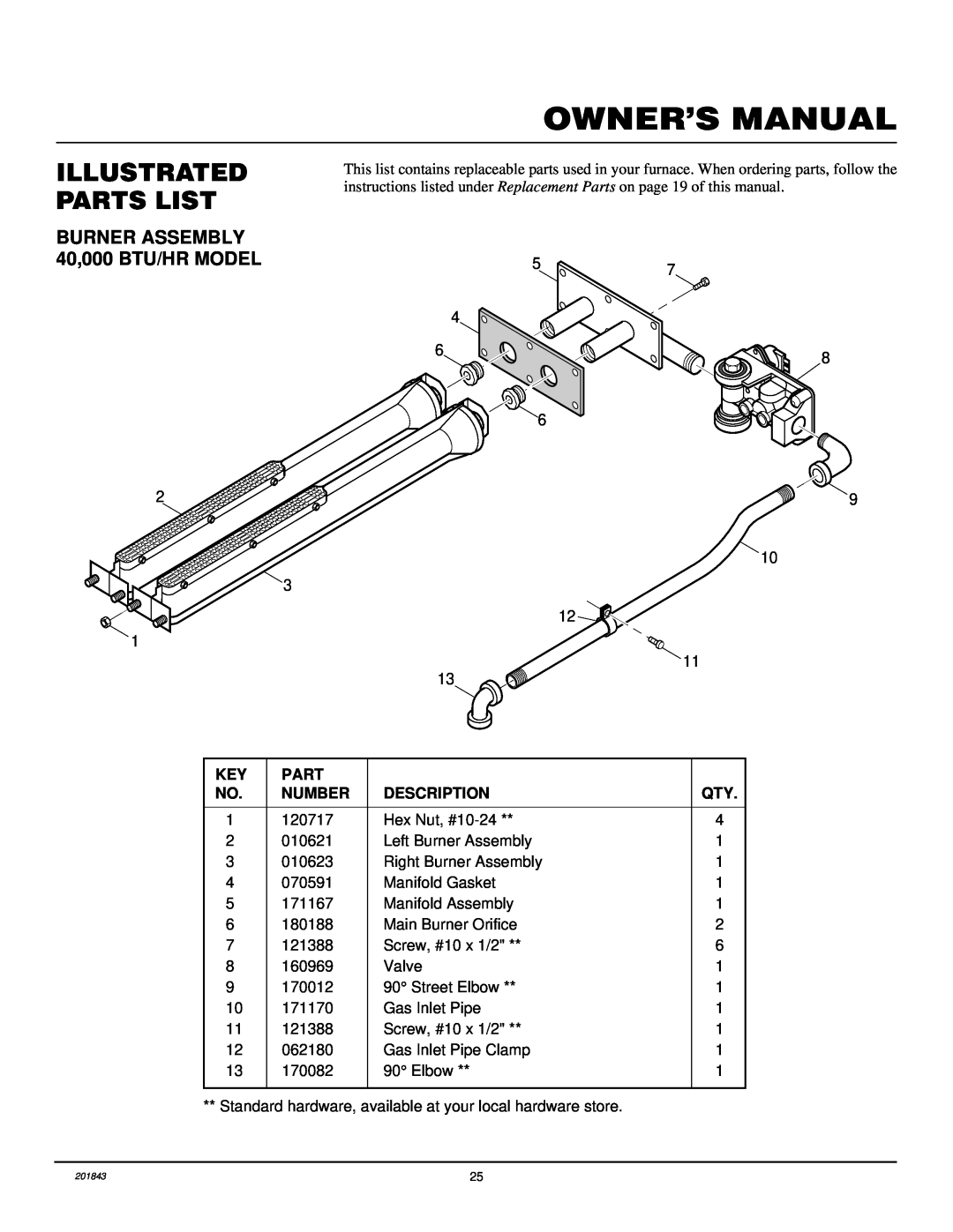 Williams 4003531, 2503531 installation manual Illustrated Parts List, BURNER ASSEMBLY 40,000 BTU/HR MODEL, 29 10 3 12 1 