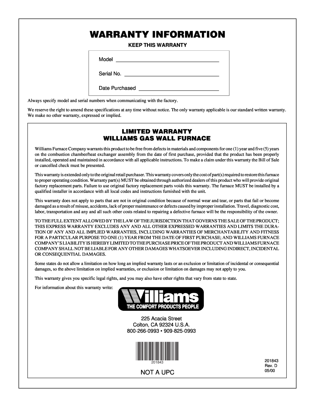 Williams 2503531 Warranty Information, Limited Warranty Williams Gas Wall Furnace, Not A Upc, The Comfort Products People 