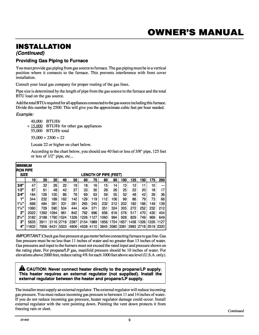 Williams 4003531, 2503531 installation manual Installation, Continued, Providing Gas Piping to Furnace 