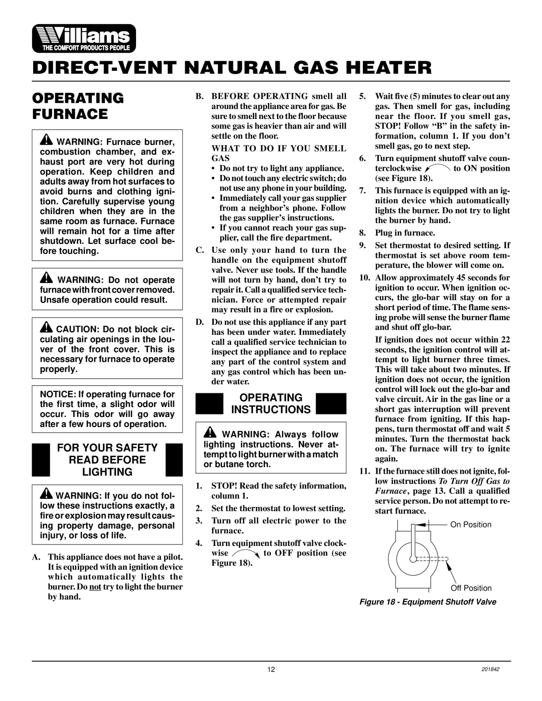 Williams 2503532, 4003532 Operating Furnace, For Your Safety Read Before Lighting, Operating Instructions 