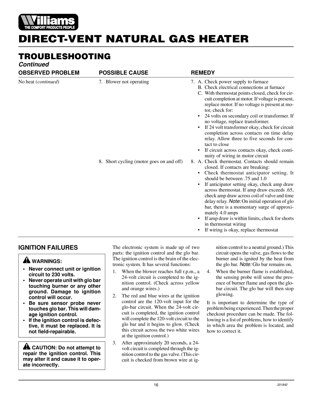 Williams 2503532, 4003532 installation manual Ignition Failures 