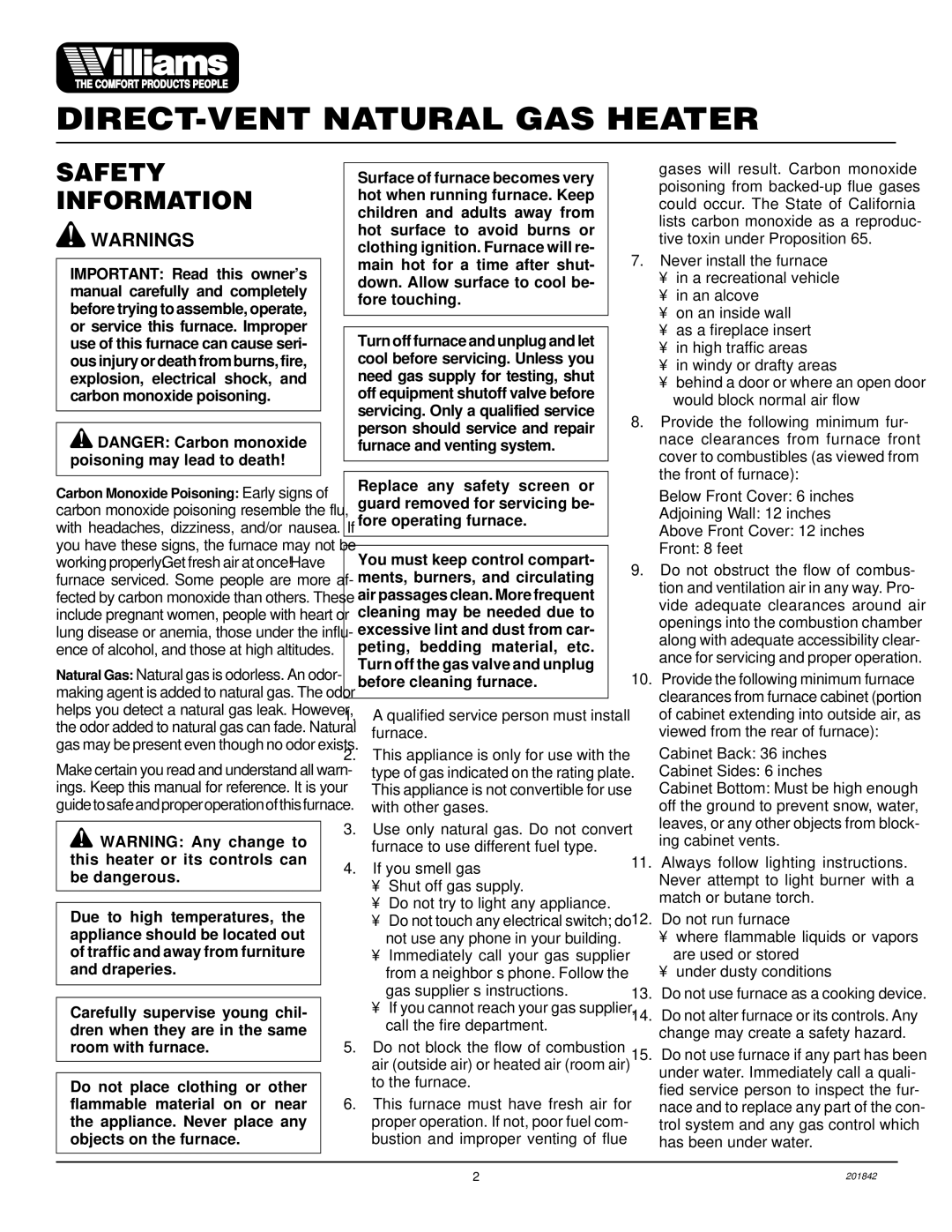 Williams 2503532, 4003532 installation manual Safety Information 