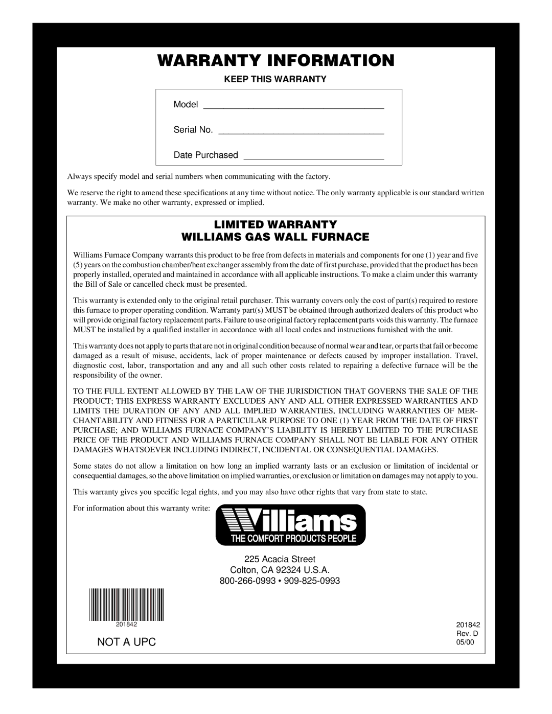 Williams 2503532, 4003532 installation manual Warranty Information, Limited Warranty Williams GAS Wall Furnace 