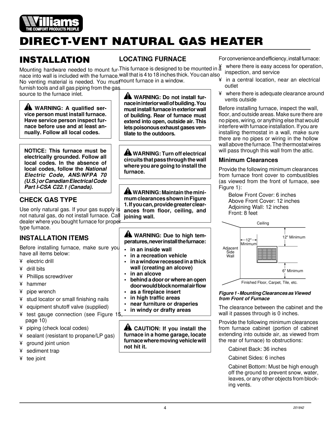 Williams 2503532, 4003532 installation manual Check GAS Type, Installation Items, Locating Furnace, Minimum Clearances 