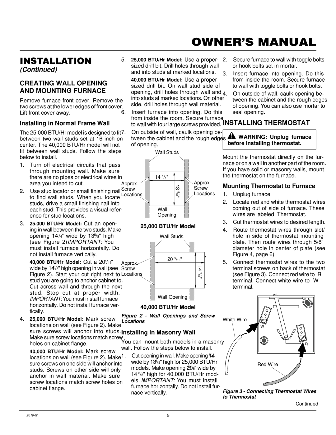 Williams 4003532 Creating Wall Opening and Mounting Furnace, Installing Thermostat, Installing in Normal Frame Wall 