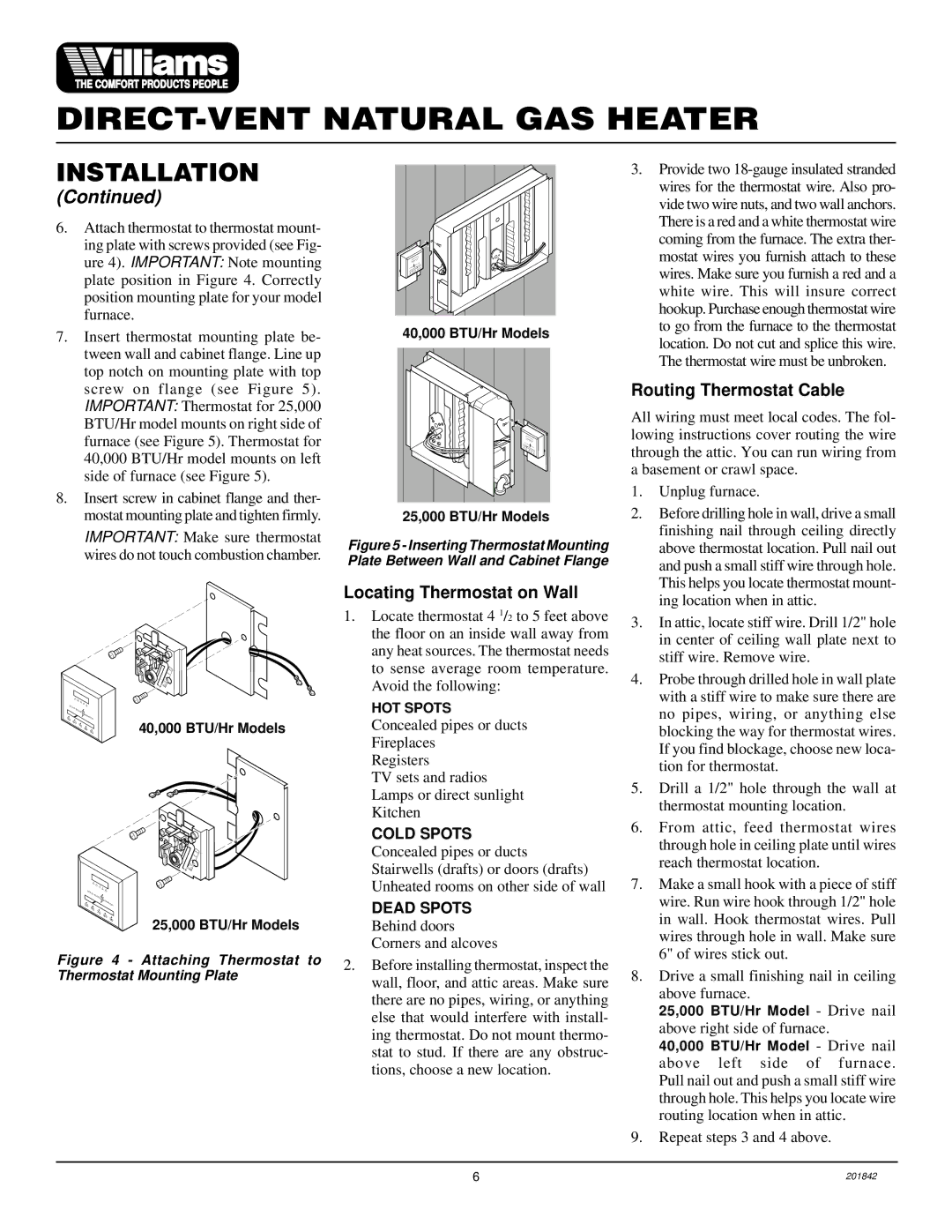 Williams 2503532, 4003532 installation manual Locating Thermostat on Wall, Routing Thermostat Cable 