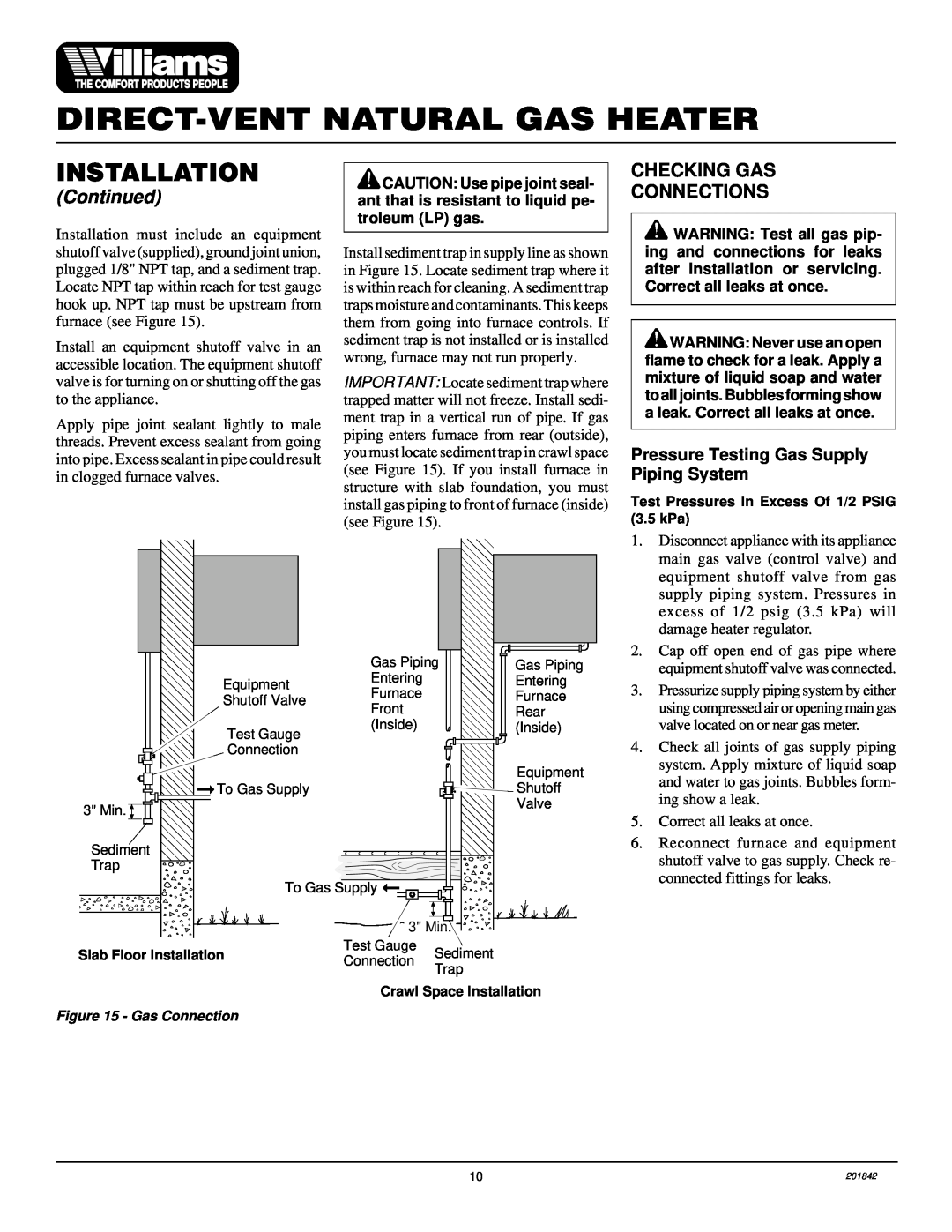 Williams 2503532, 4003532 Direct-Ventnatural Gas Heater, Installation, Continued, Checking Gas Connections 