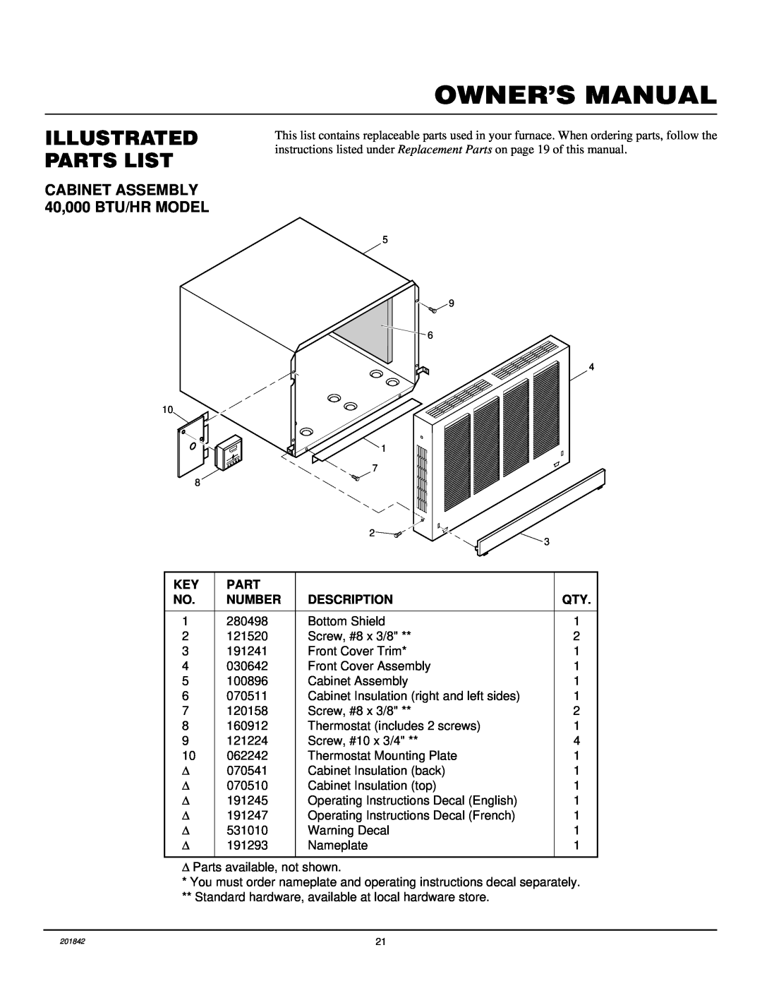 Williams 4003532, 2503532 installation manual Owner’S Manual, Illustrated Parts List, CABINET ASSEMBLY 40,000 BTU/HR MODEL 