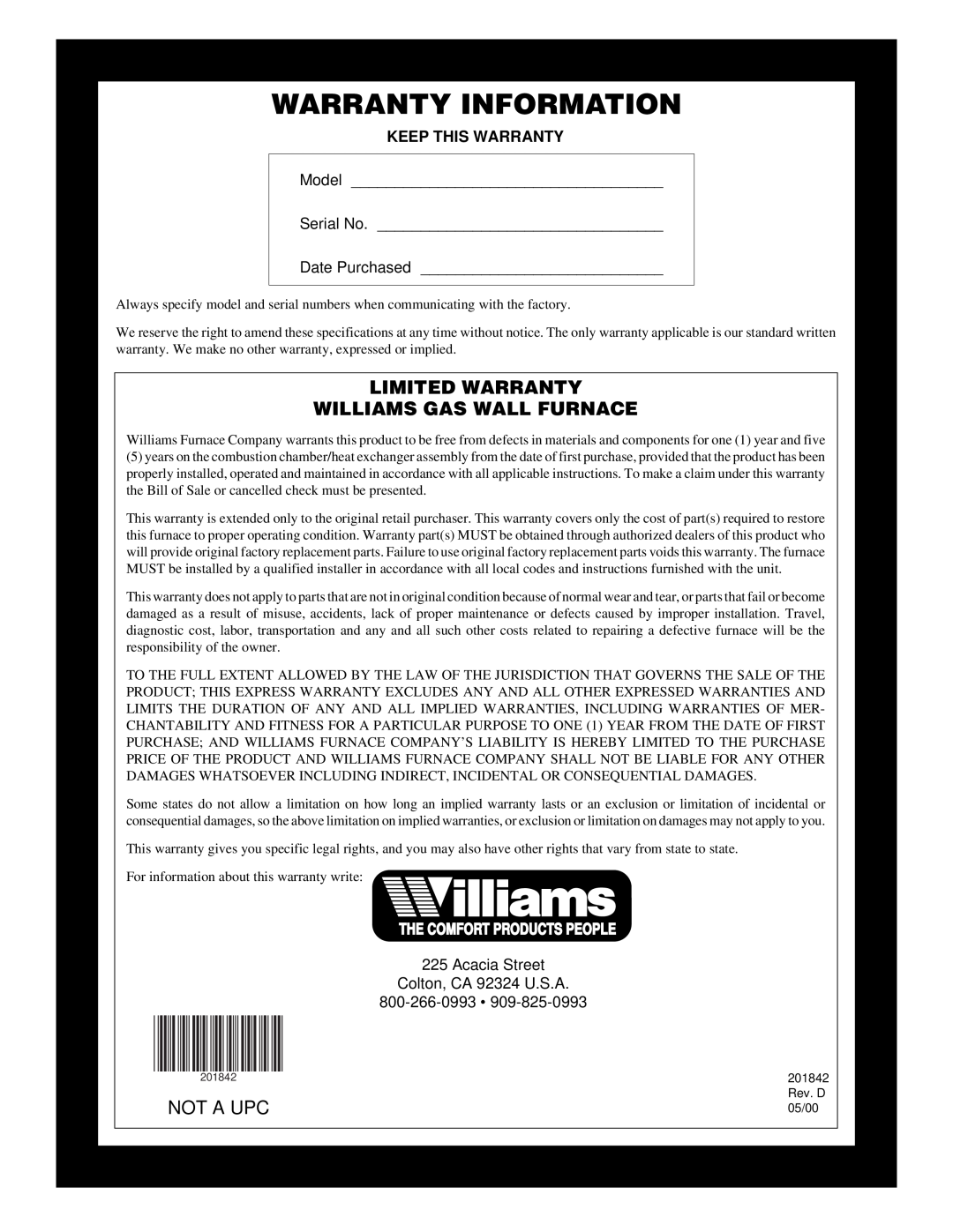 Williams 2503532 Warranty Information, Limited Warranty Williams Gas Wall Furnace, Not A Upc, The Comfort Products People 