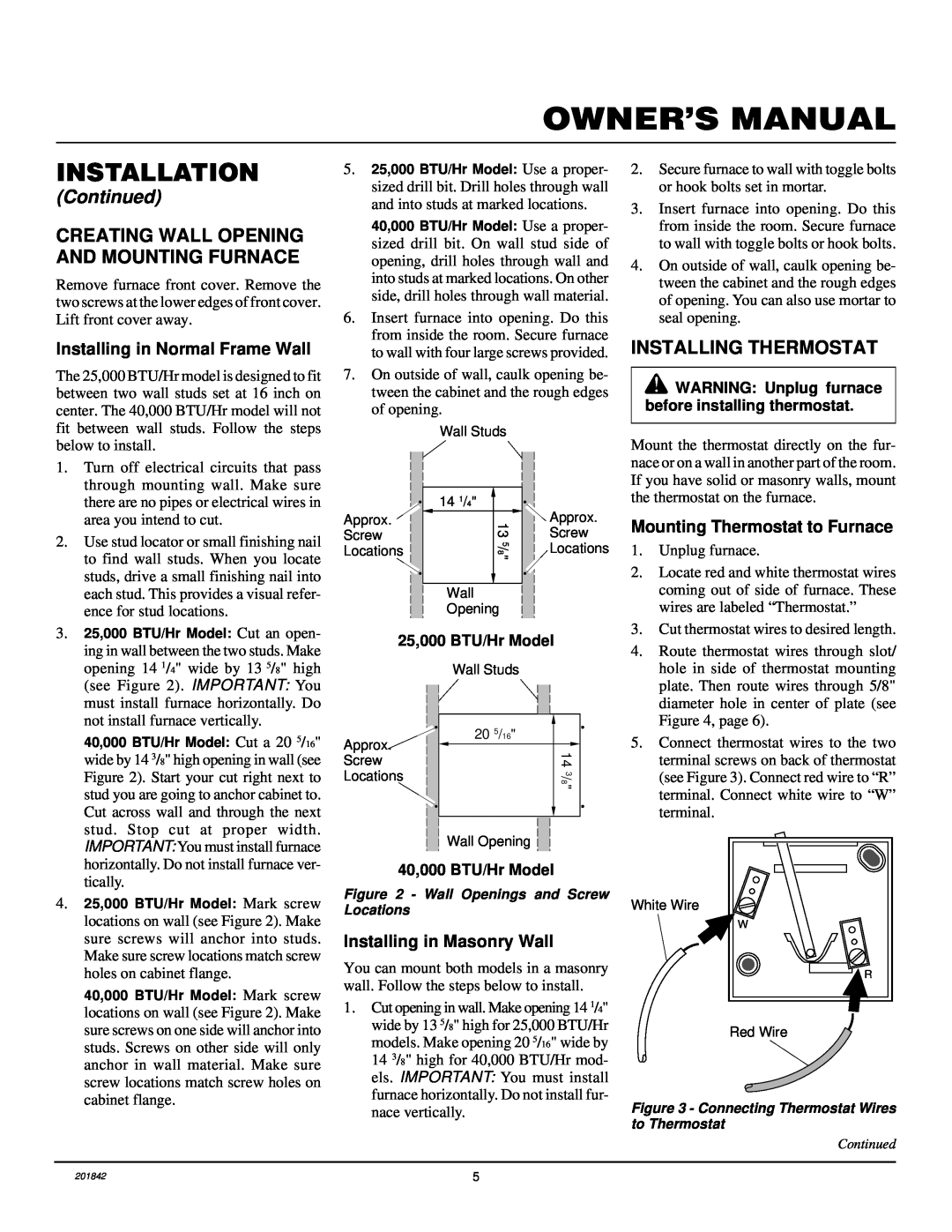 Williams 4003532, 2503532 Continued, Owner’S Manual, Installation, Creating Wall Opening And Mounting Furnace 