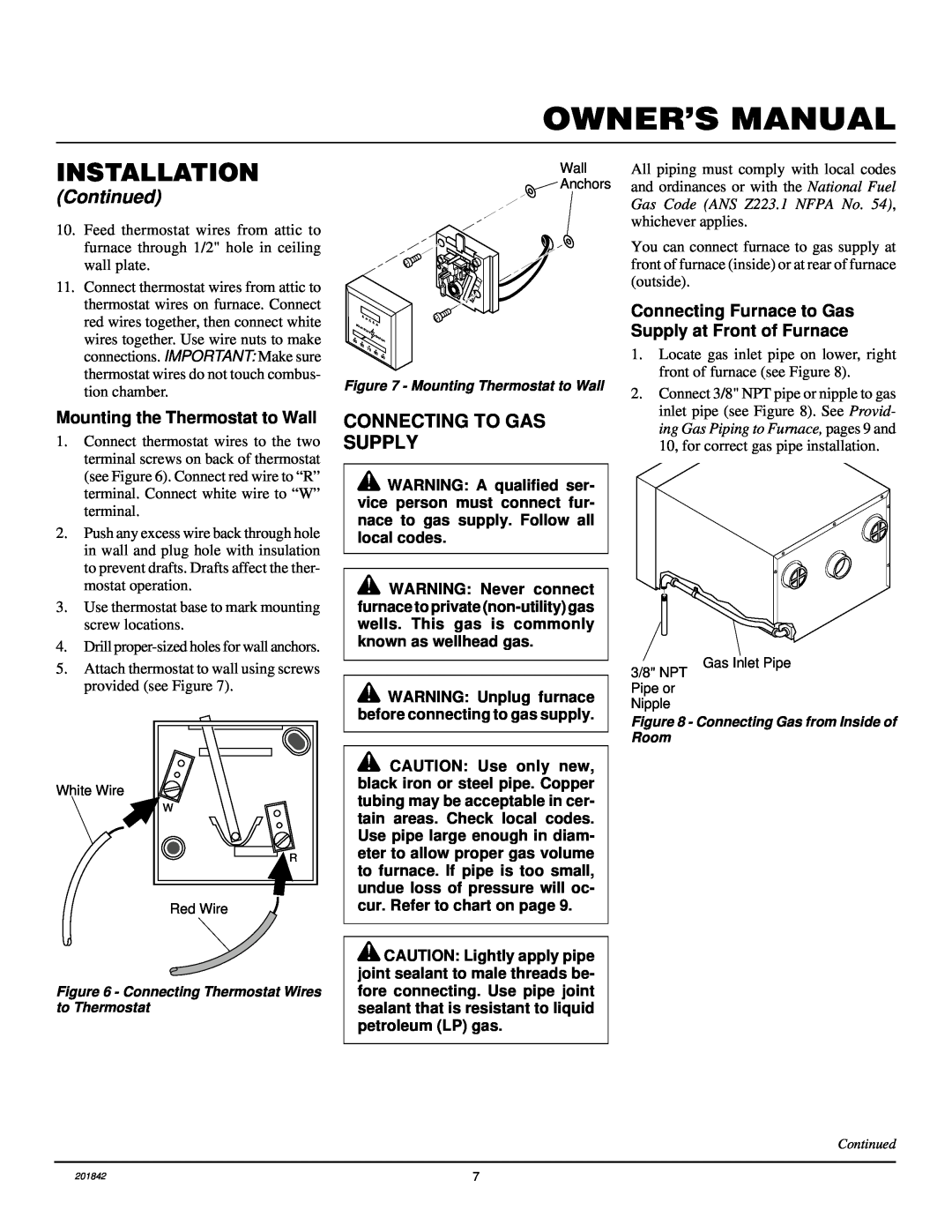 Williams 4003532 Owner’S Manual, Installation, Continued, Connecting To Gas Supply, Mounting the Thermostat to Wall 