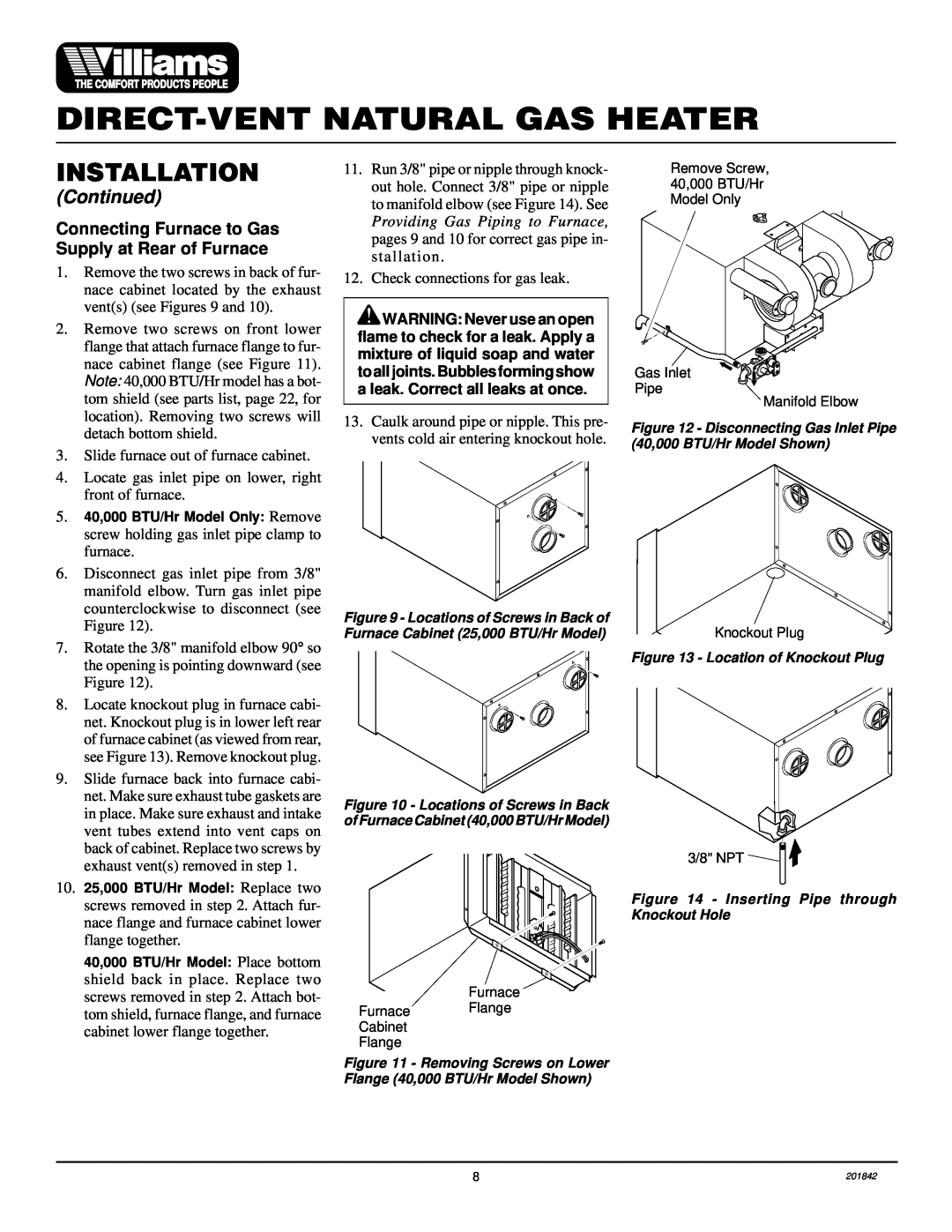 Williams 2503532, 4003532 Direct-Ventnatural Gas Heater, Installation, Continued, Slide furnace out of furnace cabinet 