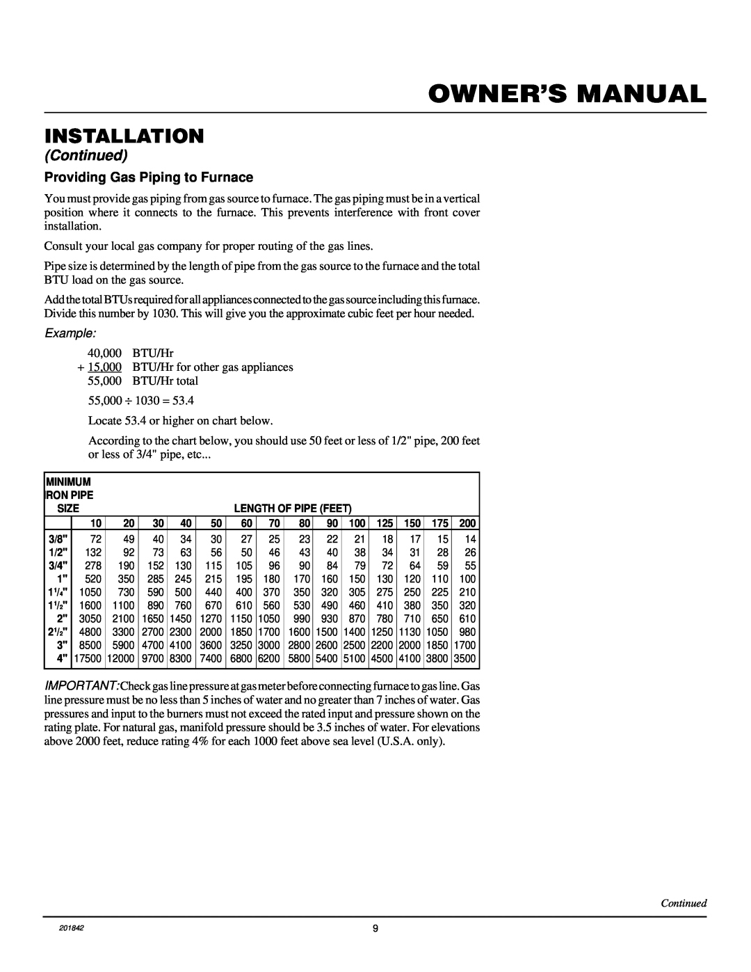 Williams 4003532, 2503532 Owner’S Manual, Installation, Continued, Providing Gas Piping to Furnace, Example 
