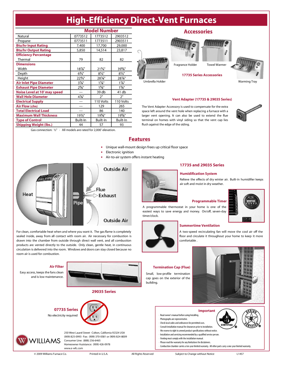 Williams 0773511, 29035, 07435, 17735, 0773512 manual Accessories, Features, Series 