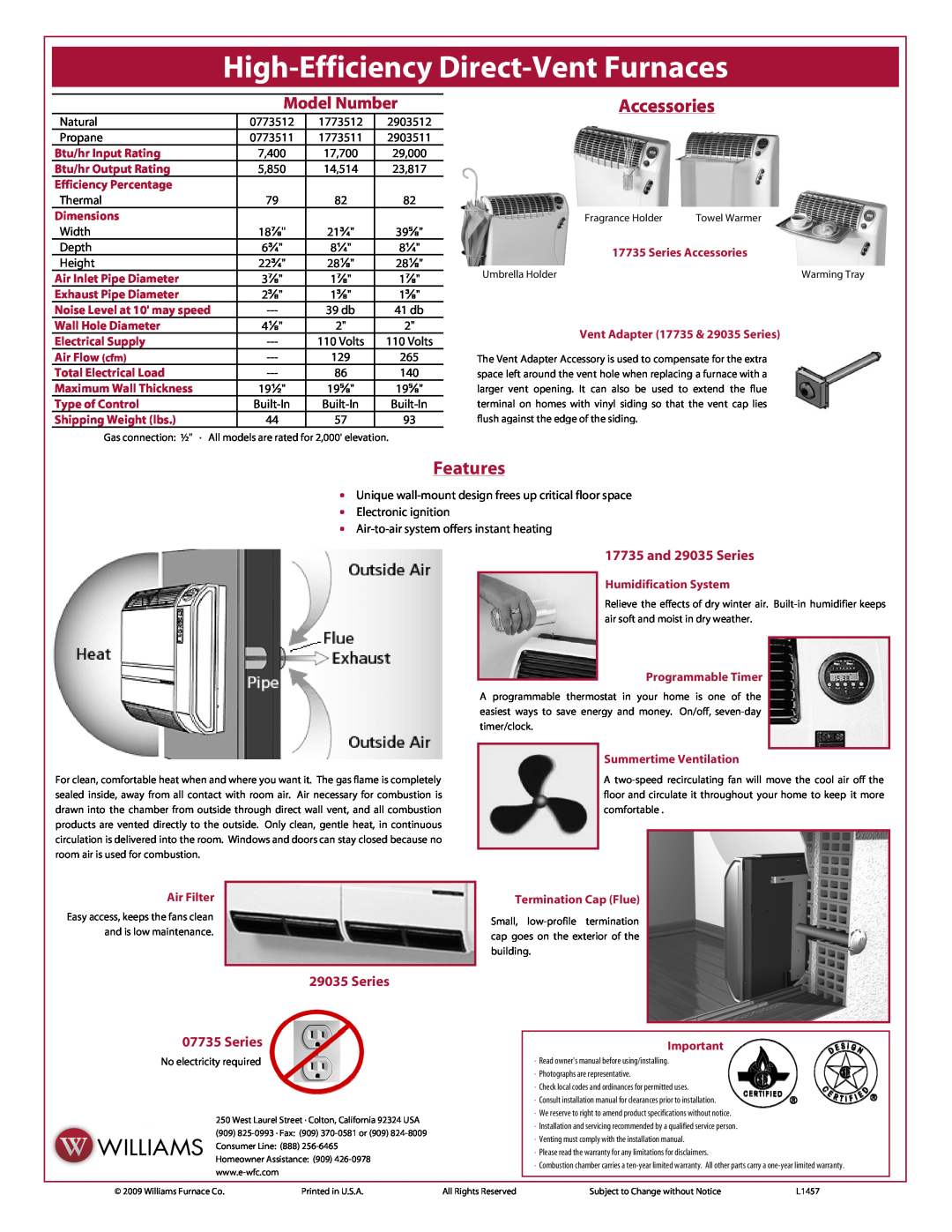 Williams 0773511, 07435, 17735 High-Efficiency Direct-VentFurnaces, Accessories, Features, Model Number, and 29035 Series 