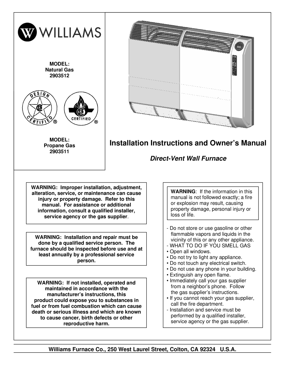 Williams 2903512, 2903511 installation instructions Direct-Vent Wall Furnace 