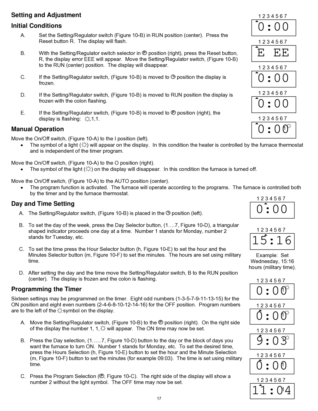 Williams 2903511 Setting and Adjustment Initial Conditions, Manual Operation, Day and Time Setting, Programming the Timer 