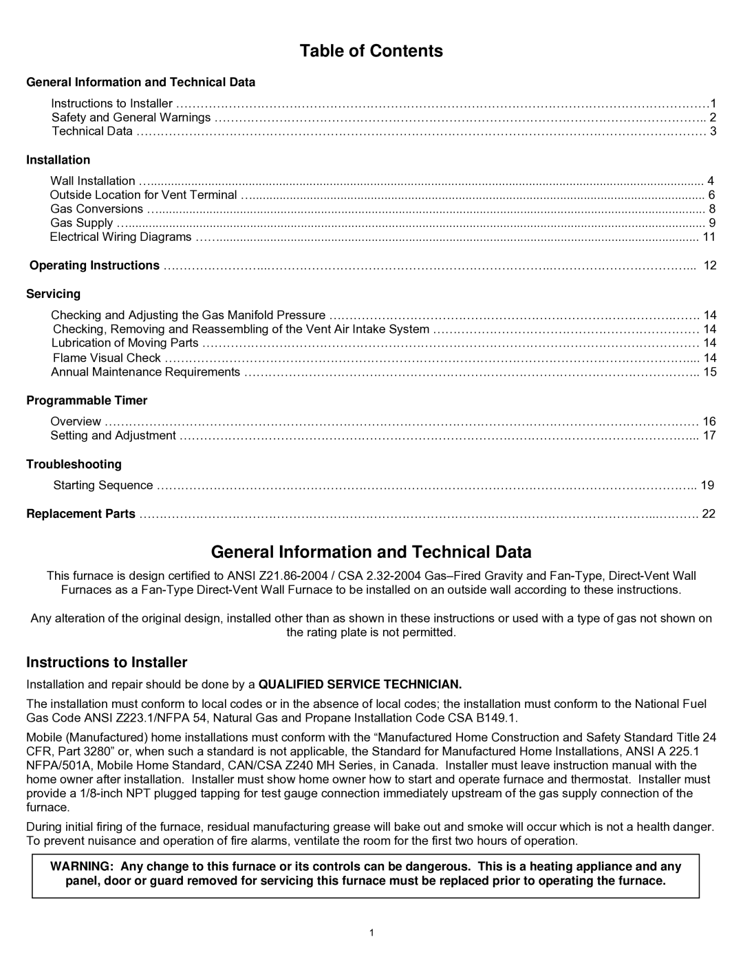 Williams 2903511, 2903512 installation instructions Table of Contents, General Information and Technical Data 