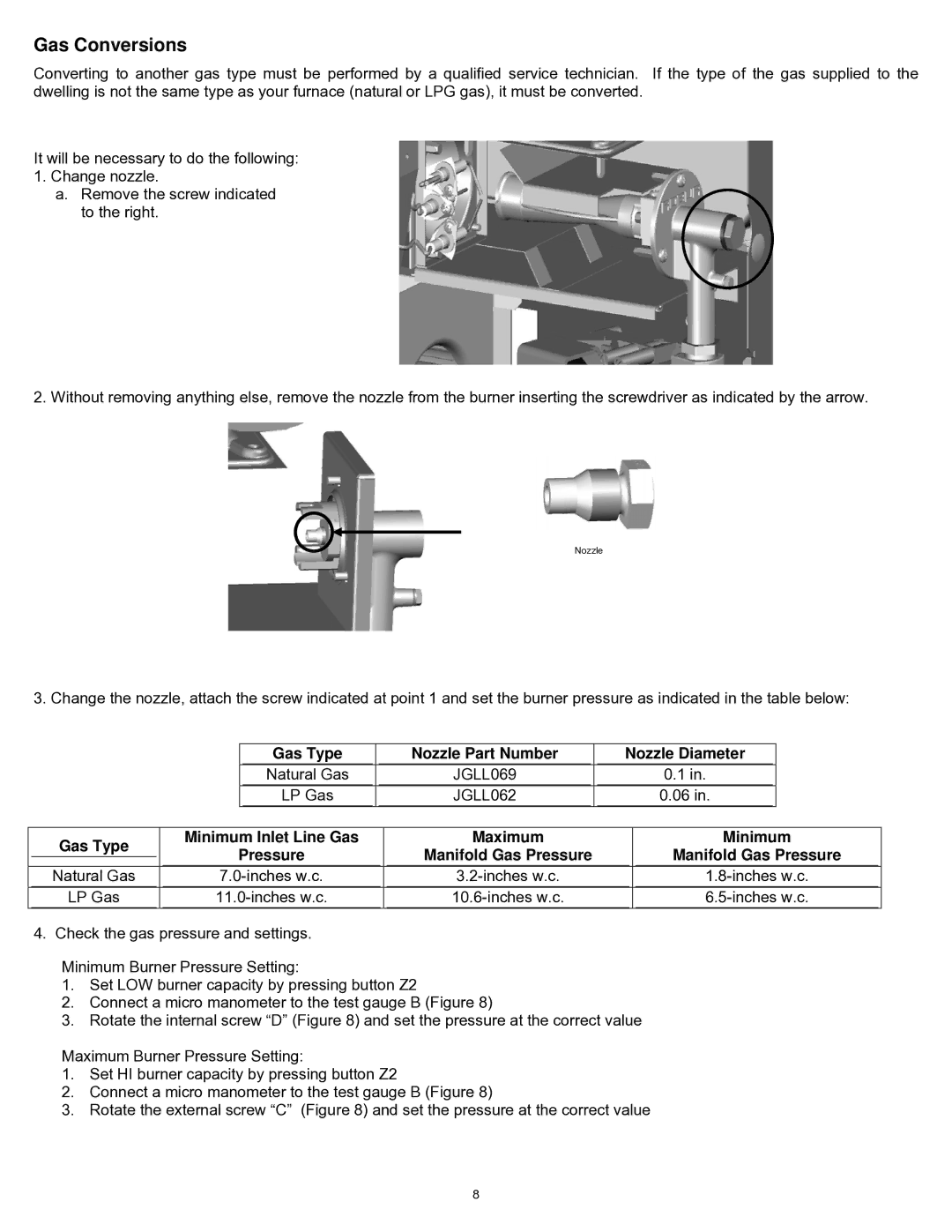 Williams 2903512, 2903511 Gas Conversions, Gas Type Nozzle Part Number, Nozzle Diameter, Minimum Manifold Gas Pressure 