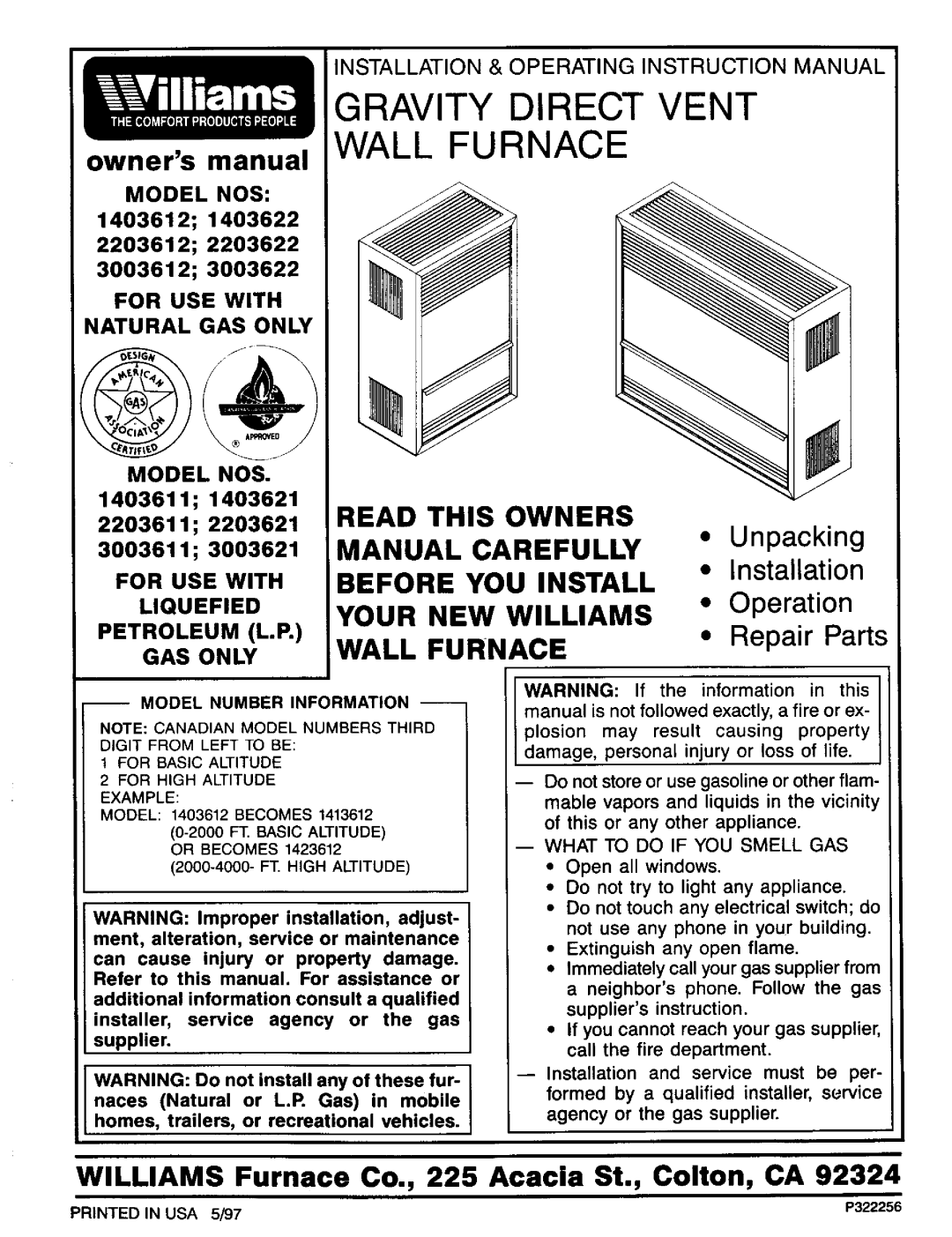 Williams 2203611 owner manual Model NOS, For USE with Natural GAS only, For USE with Liquefied Petroleum L.P GAS only 