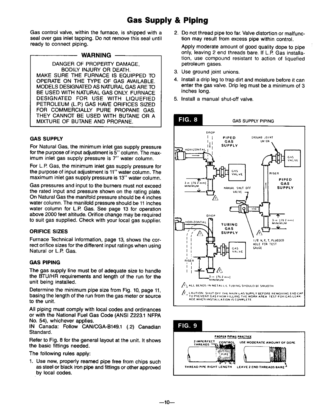 Williams 1403611, 3003612, 2203611, 2203612, 3003611, 1403612 Gas Supply & Piping, GAS Supp, Orifice Sizes, GAS Piping, 10n 