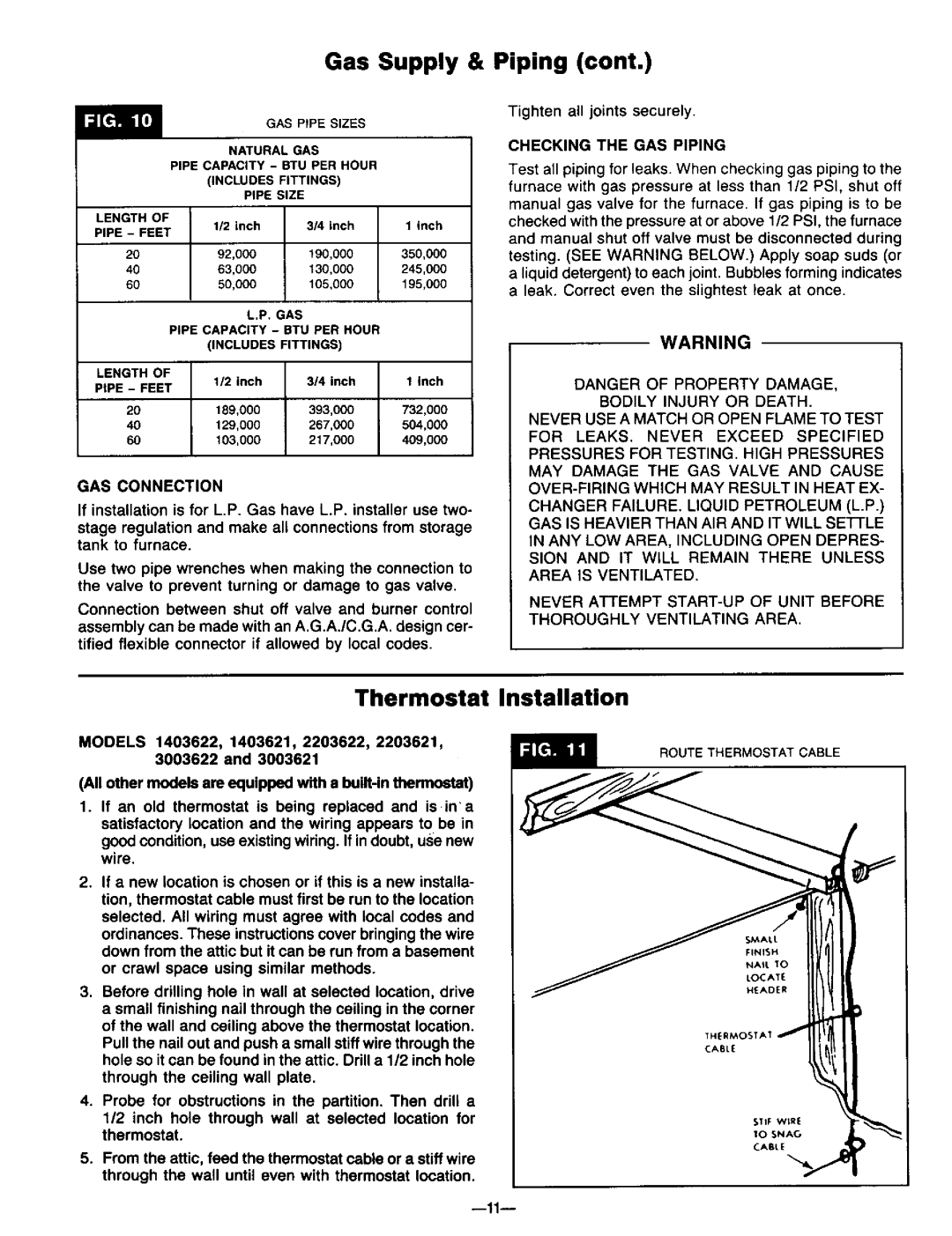 Williams 1403612, 3003612, 2203611 Thermostat Installation, GAS Connection, Checking the GAS Piping, Bodily Injury or Death 