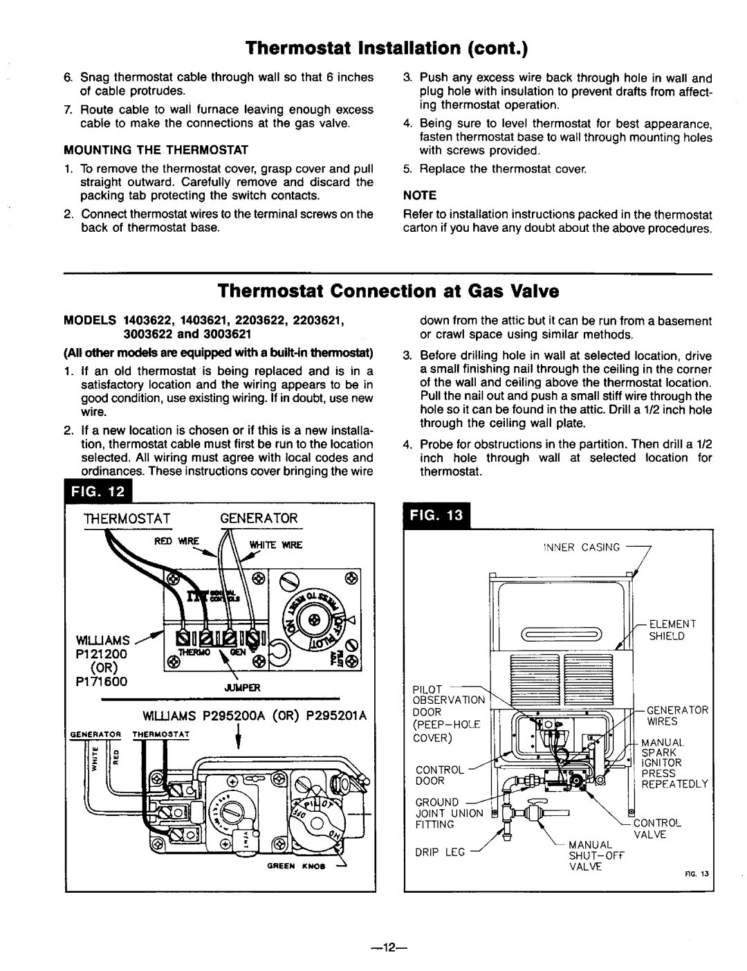 Williams 3003612, 2203611, 2203612, 3003611 Thermostat Connection at Gas Valve, Luams, Mounting the Thermostat, Jumper 