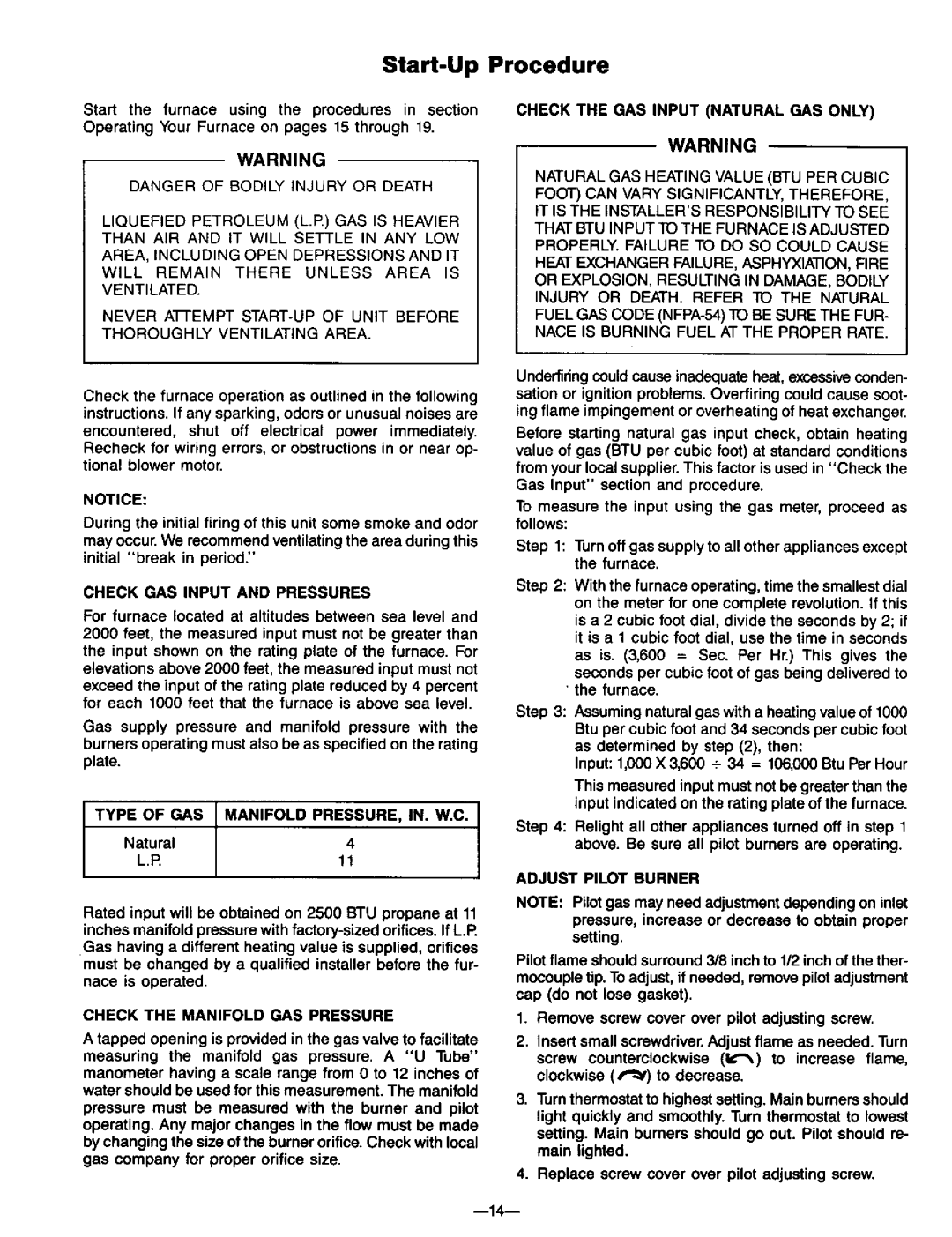 Williams 2203612, 3003612, 2203611 Start-Up Procedure, Type of GAS Manifold PRESSURE, IN. W.C, Natural, Adjust Pilot Burner 