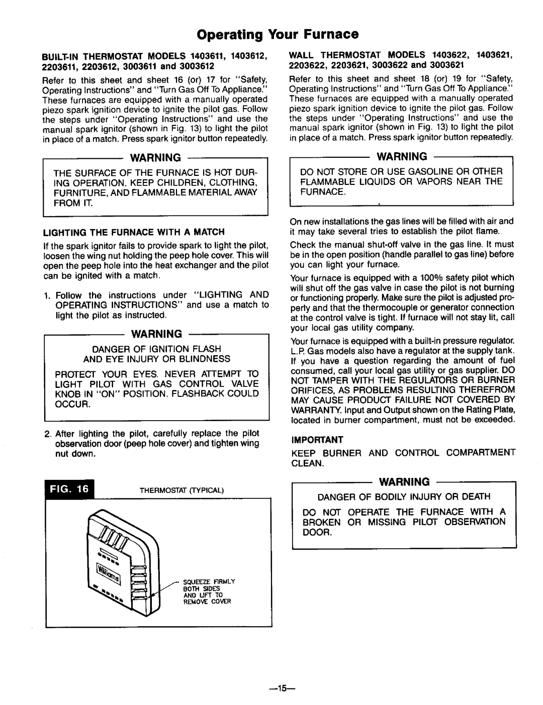 Williams 3003611, 3003612, 2203611, 2203612, 1403611, 1403612 owner manual Operating Your Furnace 