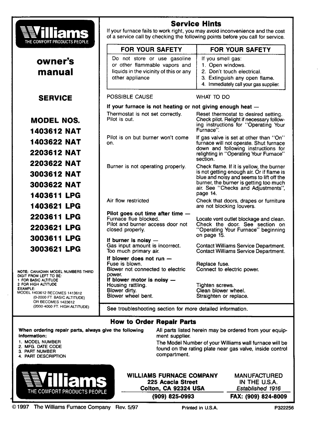 Williams 2203612, 3003612 Service, For Your Safety, Modelnumber MFG.DATECODE, Williams Furnace Company Manufactured, Usa 